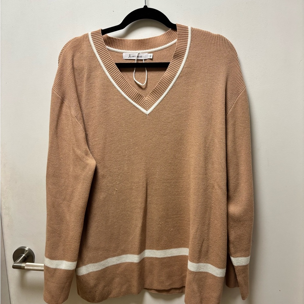 Tan V-Neck Sweater Set with White Stripes. Wide leg pant.